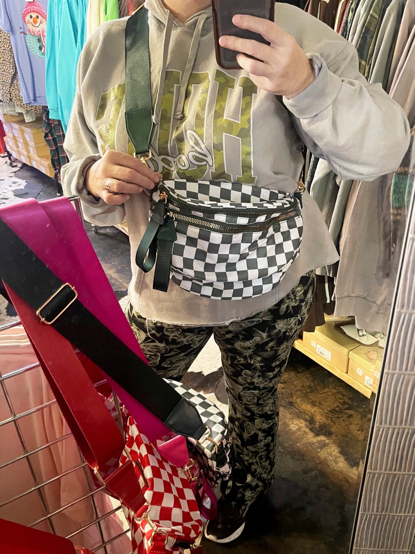 Dark Green and White Checkered Bum Bag
