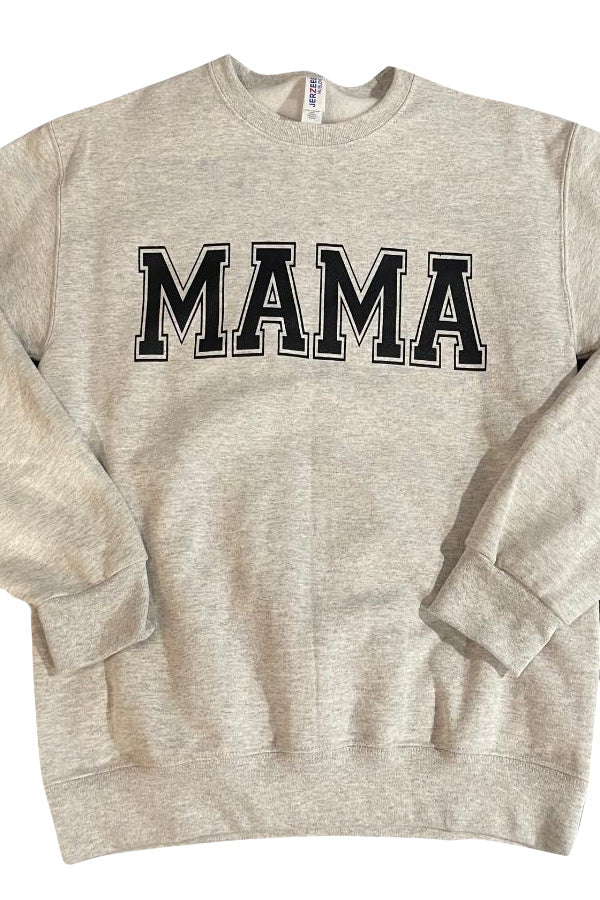 A heather gray crewneck sweatshirt with 'MAMA' block letters printed in black on the front.
