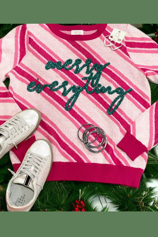 Merry Everything Striped Sweater Be festive with this adorable holiday sweater... Merry Everything in a glitter script embellishment, on a candy striped banded sweater. 100% cotton, brand is Fate. Not oversized, almost a fitted look but very cute. Sweater only is included, but those super cute shoes are available! Check the shoes category for the Shu Shop Mia Pearl!