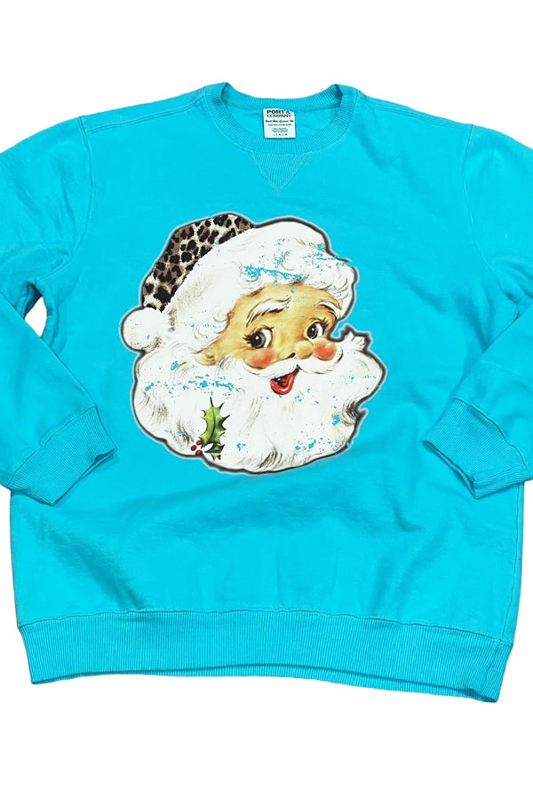 Santa Leopard Hat Crewneck BEST SELLER! This gorgeous high end crewneck is simply perfect... our popular Santa with a leopard hat design on the fabulous Beach Wash P&C sweatshirt. Very similar to Comfort Colors, but actually lighter weight so it feels softer and is more comfy! 100% cotton, prewashed. Professional quality DTF print, you will love this shirt! True to fit unisex sizing, but go up a size for an oversized look. The color is a gorgeous bright Tidal Wave blue.
