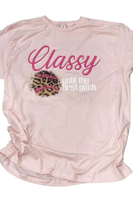Classy Until The First Pitch Baseball Moms, you need this! Shown on light pink. 100% Ringspun soft tee. Unisex relaxed fit. 