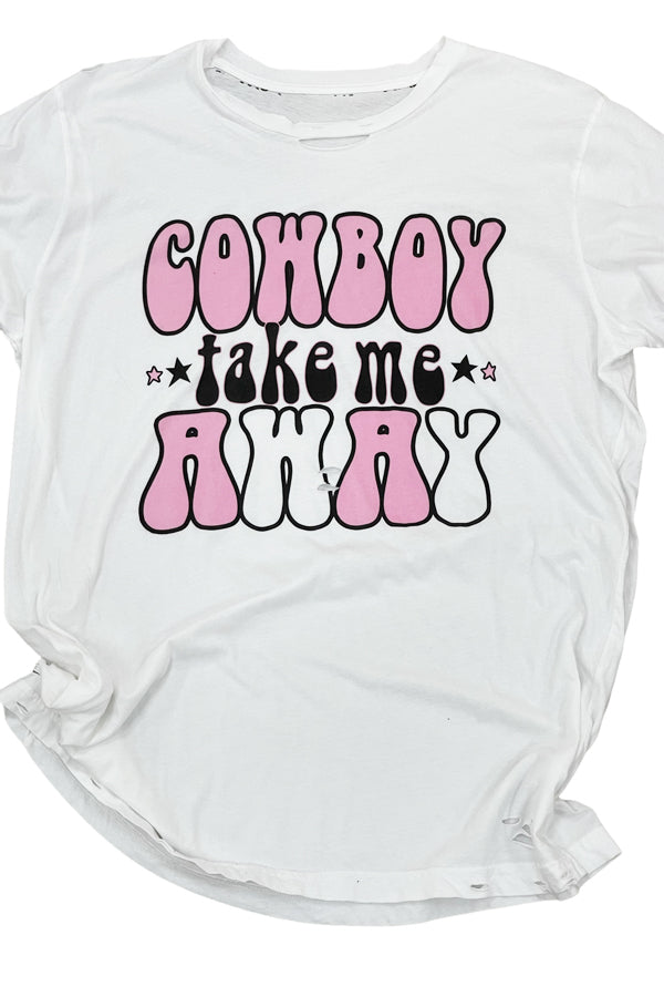Cowboy Take Me Away Shown on the awesome white destroyed tee, with all the rips and cuts, this tee is crazy soft... you could sleep in it! 100% combed ringspun cotton soft tee. Unisex relaxed fit.