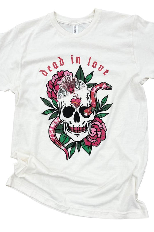 Dead In Love Shown on vintage white, this cool tee is totally on trend. Tultex ringspun cotton soft tee. Unisex relaxed fit. 