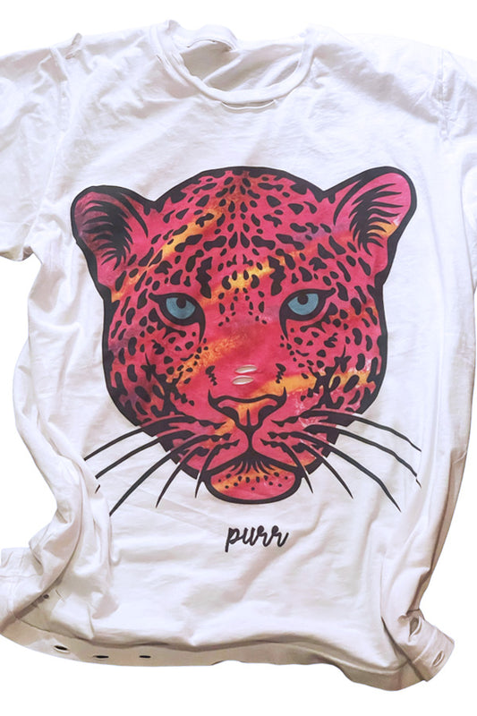 Purr Destroyed Tee Purr, gorgeous oversized design on a destroyed white tee, 100% combed ringspun cotton, crazy soft, high quality with all the perfect rips and cuts. Unisex, relaxed fit. Pair with your favorite blazer, flannel, shacket or kimono.