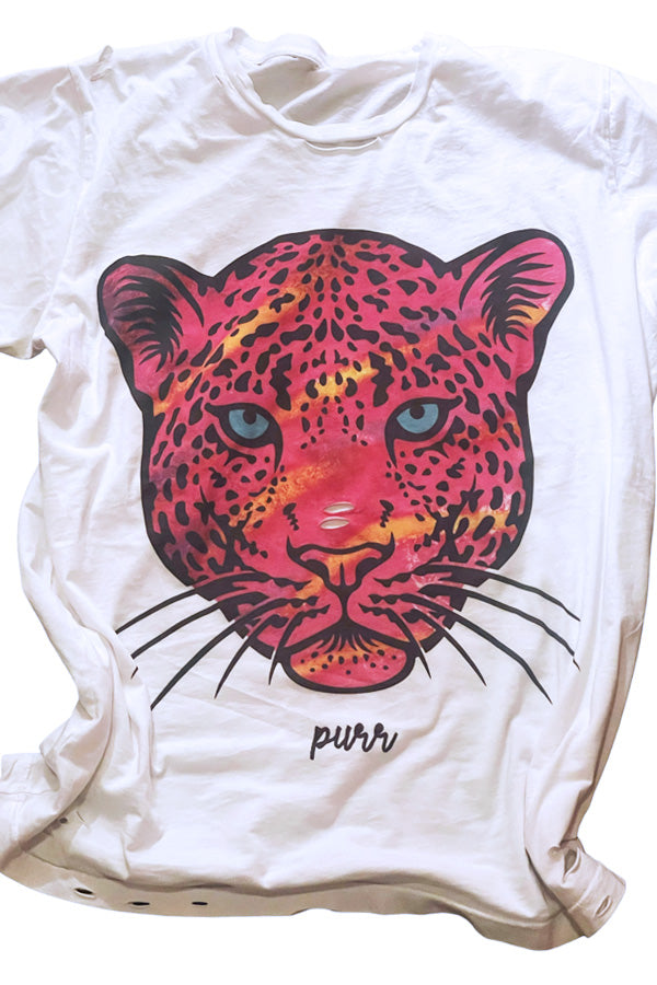 Purr Destroyed Tee Purr, gorgeous oversized design on a destroyed white tee, 100% combed ringspun cotton, crazy soft, high quality with all the perfect rips and cuts. Unisex, relaxed fit. Pair with your favorite blazer, flannel, shacket or kimono.