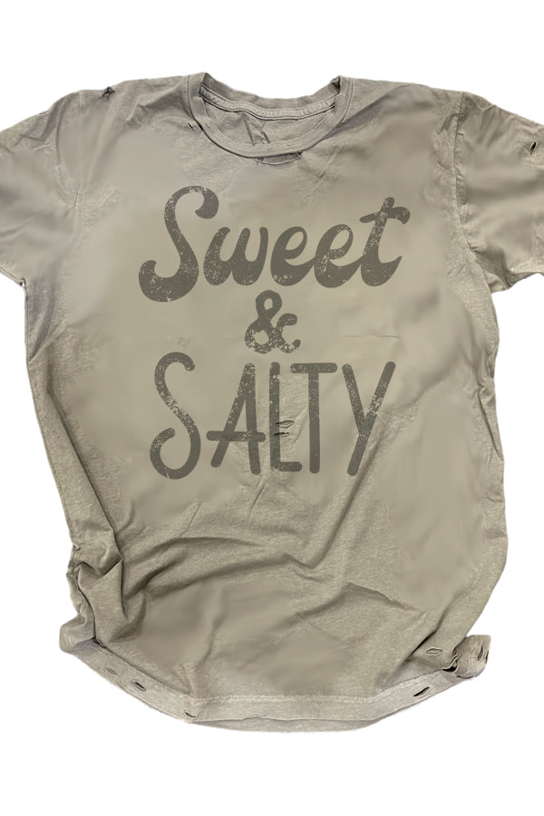 Sweet & Salty Shown on the fabulous cement destroyed tee, with all the perfectly placed rips and cuts, this cool tee is totally on trend. 100% ringspun combed cotton soft tee, you will love how luxurious this feels. Unisex relaxed fit, slightly more boxy.