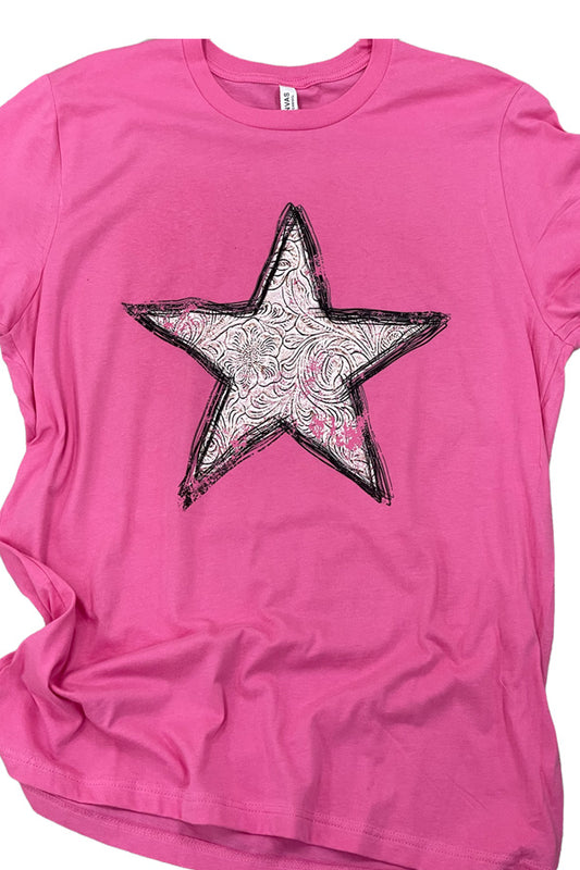 Tooled Star Check out this Tooled Star tee, designed to look like tooled leather, shown on a Bella Canvas charity pink tee, 100% ringspun combed cotton. Unisex relaxed fit. 