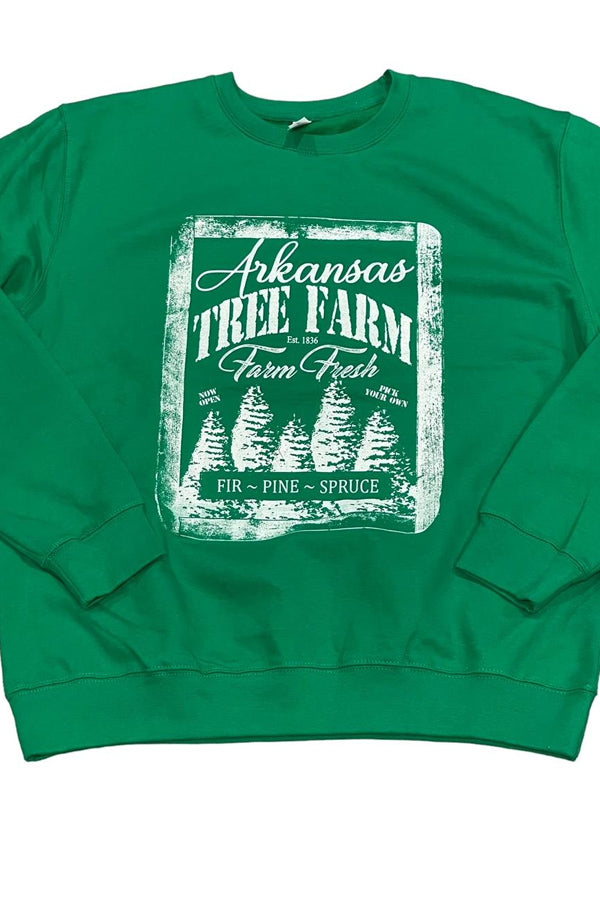 Arkansas Tree Farm Sweatshirt Our original Tree Farm design, customized with Arkansas! 80/20 fleece, kelly green color, true to size, order up for a more oversized look.