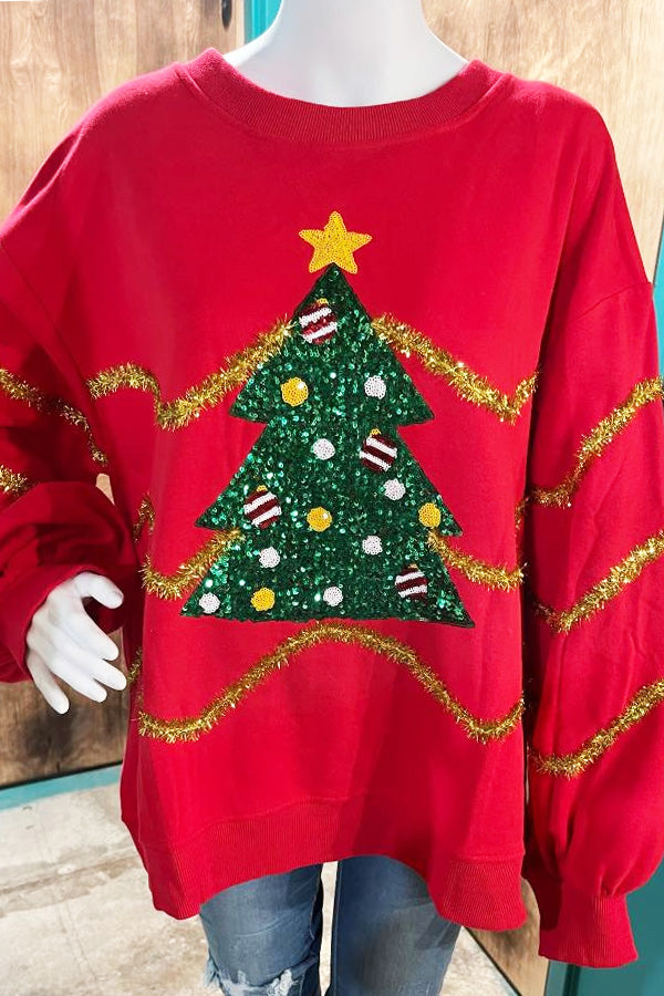 The best dressed of the party!! Oversized fleece sweater, embellished with the most adorable Christmas tree and garland in with sequin embellishments. The sleeves are roomy and blousey. Definitely size down unless you want that super oversized look. 60/40 cotton poly. Hand wash. Very limited, get yours now!