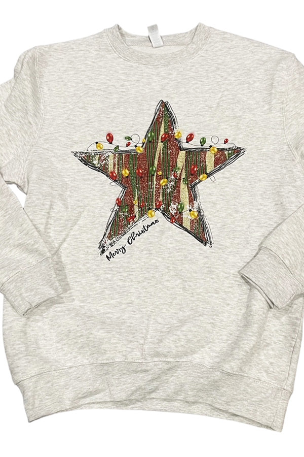 Christmas Star Crewneck Original graphic, on a super soft oatmeal crewneck sweatshirt. You will live in this sweatshirt around the holidays! Unisex relaxed fit. True to size, order up for a more oversized look.