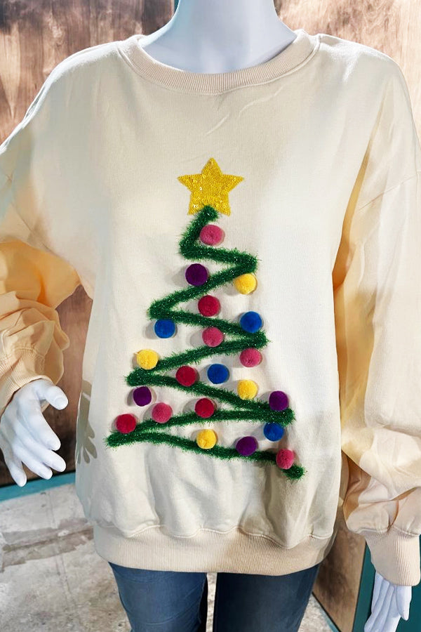 This is sooooo comfy and cute!! Oversized fleece sweater, embellished with the most adorable Christmas tree in puffballs and glittery embellishments. The sleeves are gathered and super roomy and blousey. Definitely size down unless you want that super oversized look. 85% cotton, 10% poly, 5% spandex. Hand wash. Very limited, get yours now!