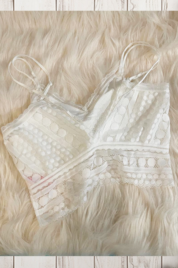 JadyK Emmy White Gorgeous styling and padded cups make this a must-have for all your fashion apparel that needs a little extra coverage. Wear alone or under anything, this beautiful bralette will make you feel and look fabulous. See sizing chart to help know what you need.