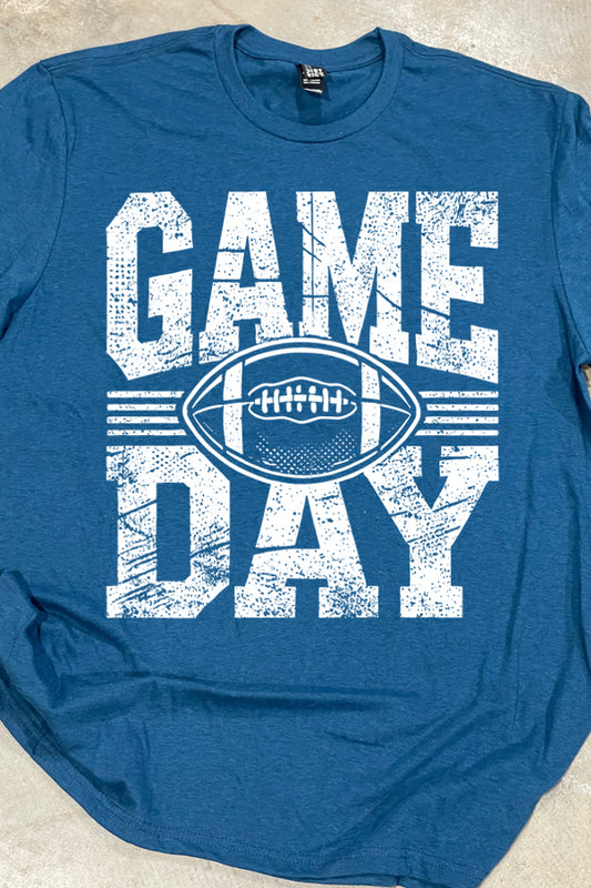 Game Day design with football on a blue tee shirt