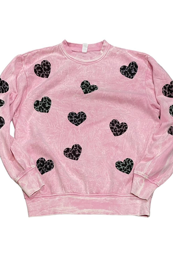 Faux Glitter Leopard Hearts Mineral Wash Sweatshirt