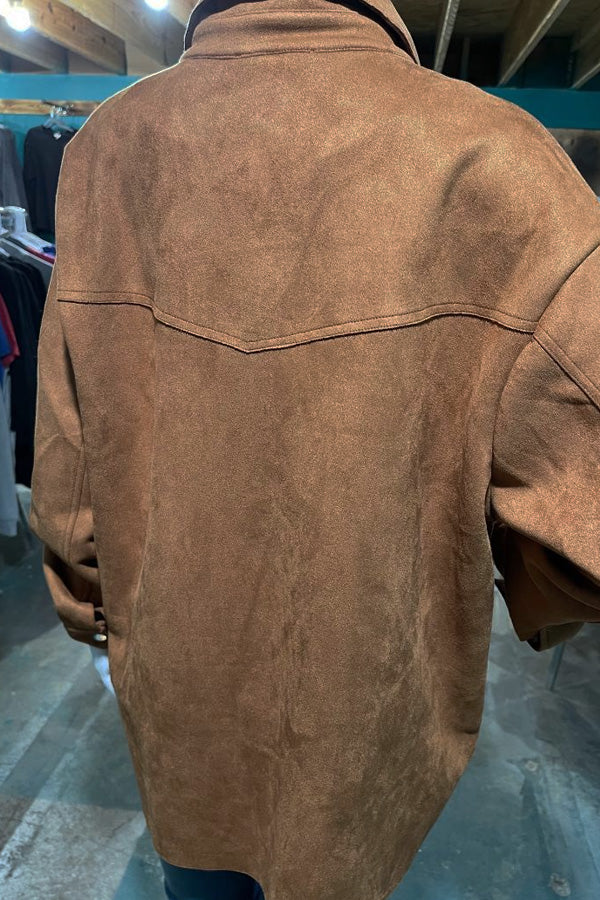 Faux Suede Brown Oversized Shacket Style x 1000! Gorgeous oversized shacket in a dreamy brown faux suede. 95% polyester, 5% spandex. The large will fit up to XL-2X and smaller busted 3X too! Could be a cute boxy winter dress look too. Amazing price! Note - This is for the shacket only, the beautiful Irena shoes are available in our Shoes category. Jewelry available in store only. Denim not available.