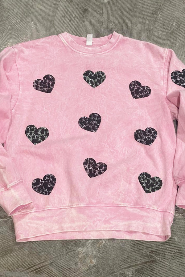 Hearts Collage Multicolor on Pink Mineral Wash Sweatshirt