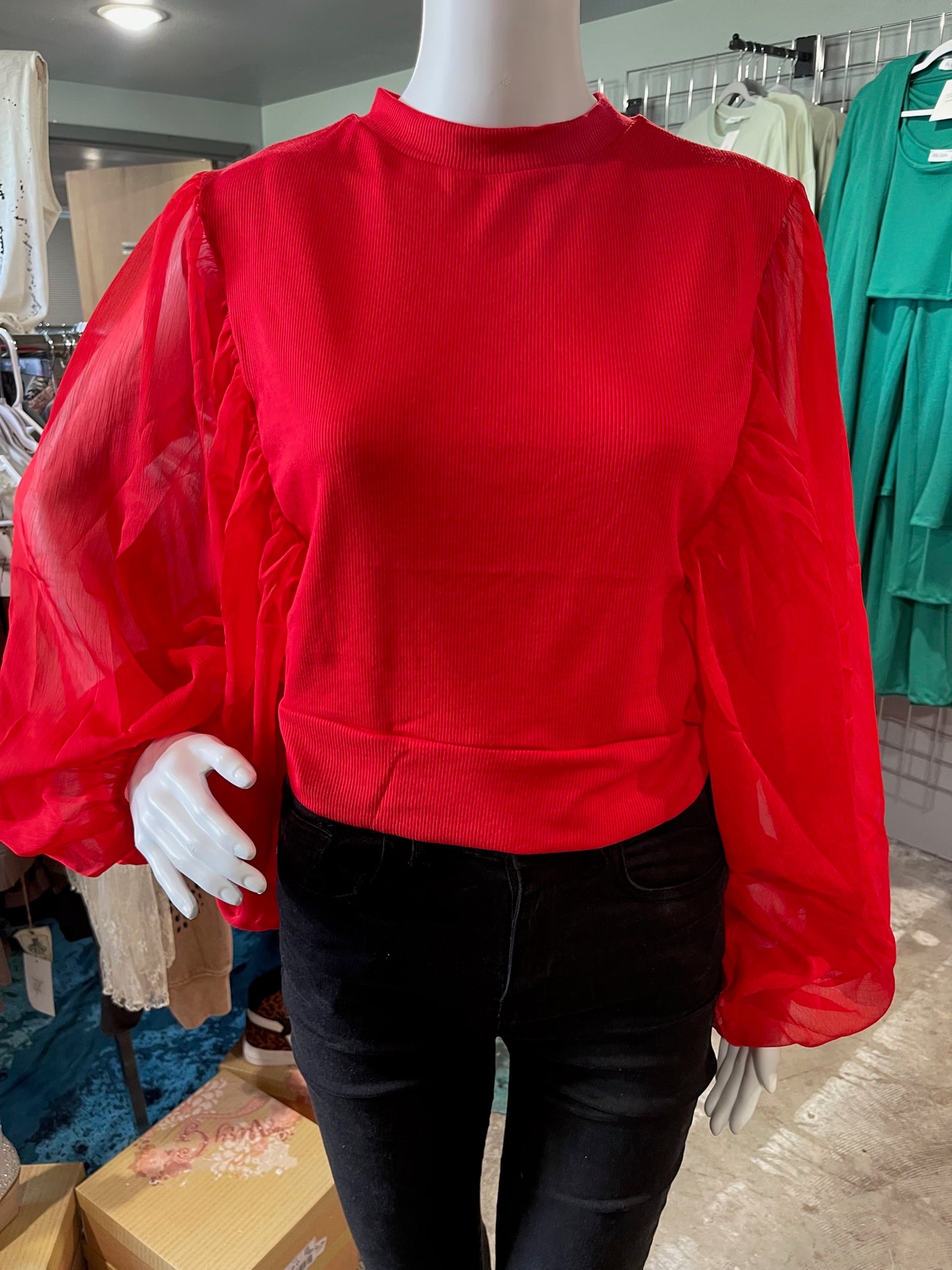 Sheer sleeve Red Blouse Gorgeous!