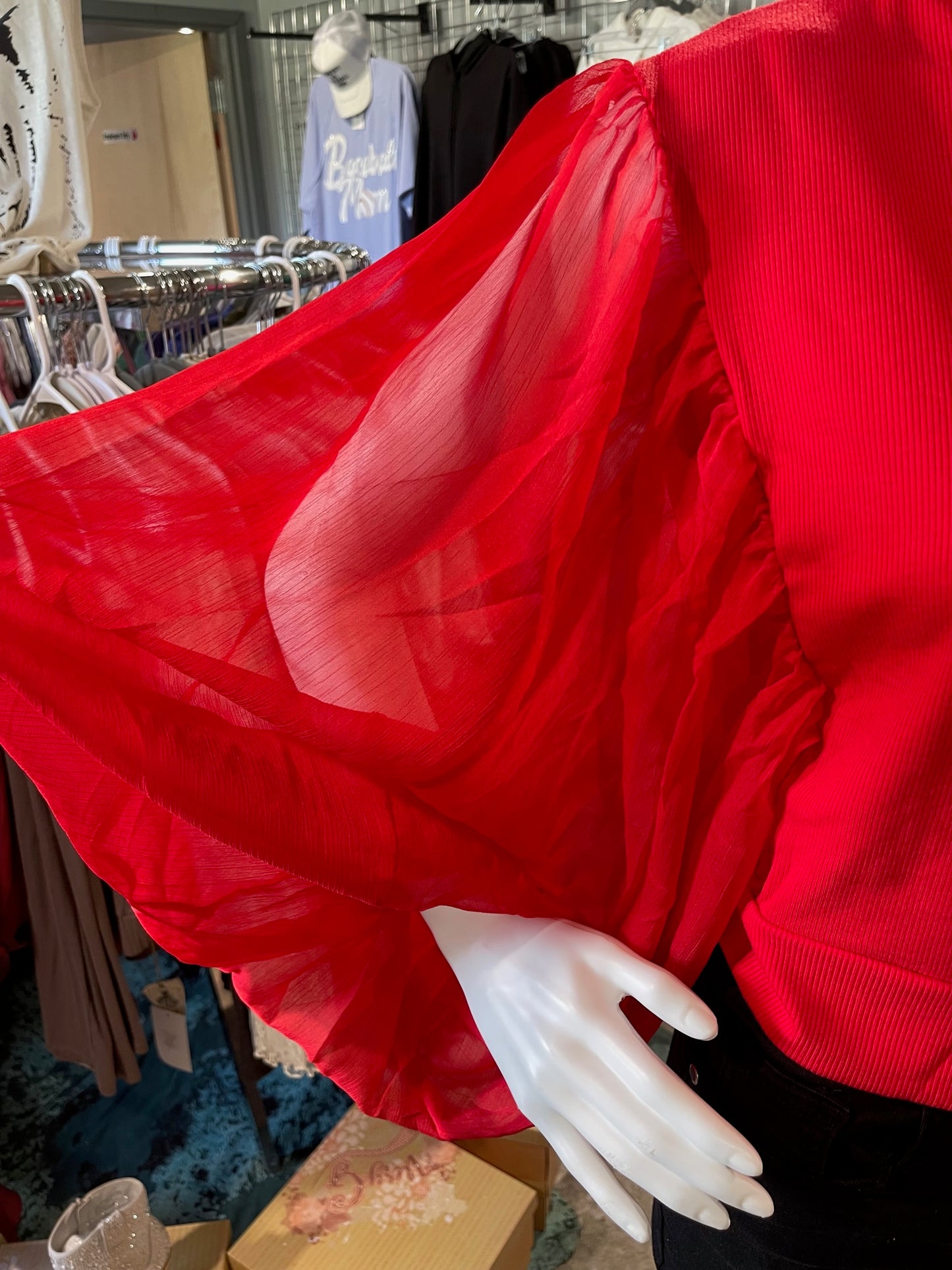 Sheer sleeve Red Blouse Gorgeous!