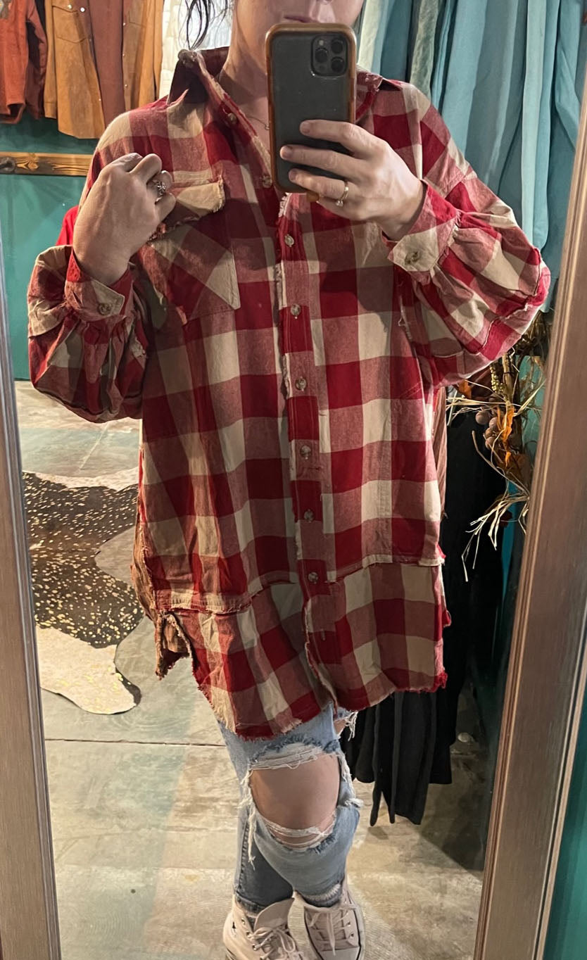 Red and Beige Plaid Shacket Shirt OVERSIZED!