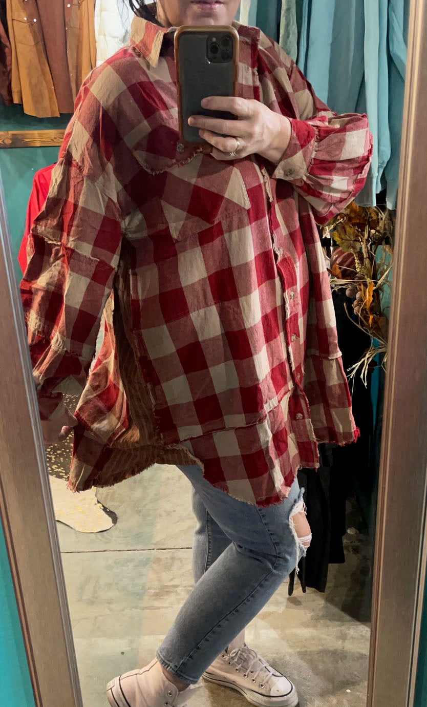 Red and Beige Plaid Shacket Shirt OVERSIZED!