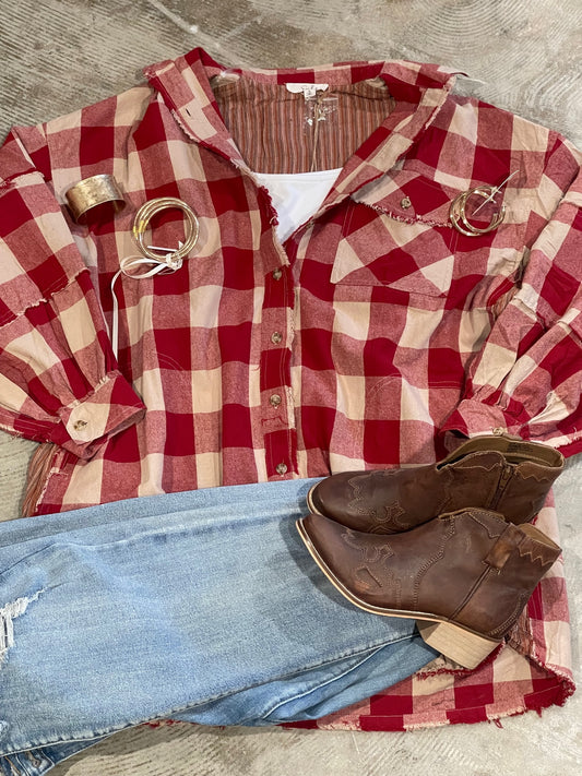 Red and Beige Plaid Shacket Shirt OVERSIZED!