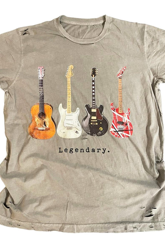 A gray t-shirt with a graphic print of various guitars and the text 'Legendary'.