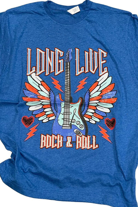 A blue t-shirt with 'LONG LIVE ROCK AND ROLL' text and a graphic of a guitar and lightning bolts.