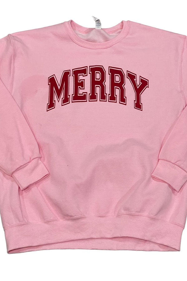 Pink sweatshirt with 'MERRY' text in red on a white background