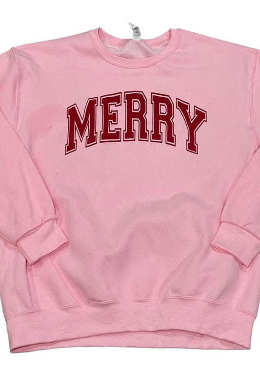Pink sweatshirt with 'MERRY' text in red on a white background