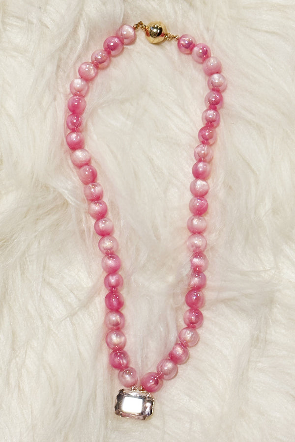 Pink Bead Necklace with Crystal Drop