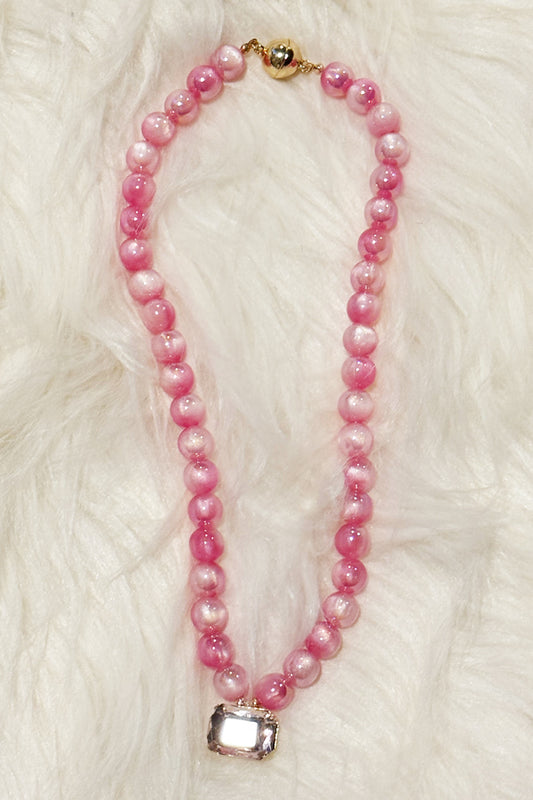 Pink Bead Necklace with Crystal Drop