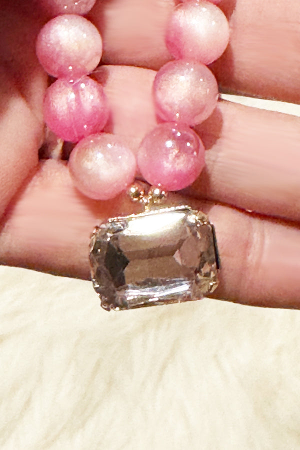 Pink Bead Necklace with Crystal Drop