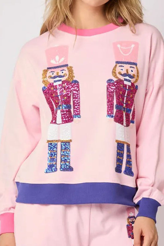 Nutcracker Sequins Pink Color Block Fleece Sweatshirt