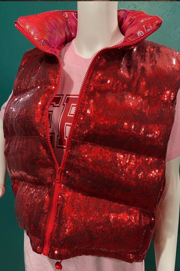 Red Sequin Puffer Vest