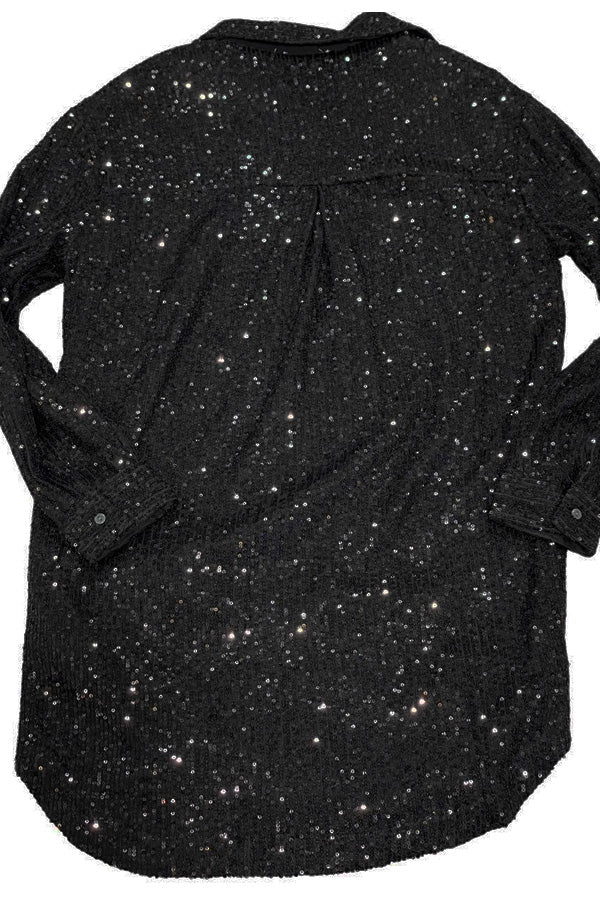Black Sequin Dress The town is yours in this gorgeous black sequin button up dress! Could also be a long jacket over your favorite tee or bralette... We recommend going with your true size in this, there is no stretch. Scoop hemline, dress this up or down for the perfect Nashgirl look all the time!