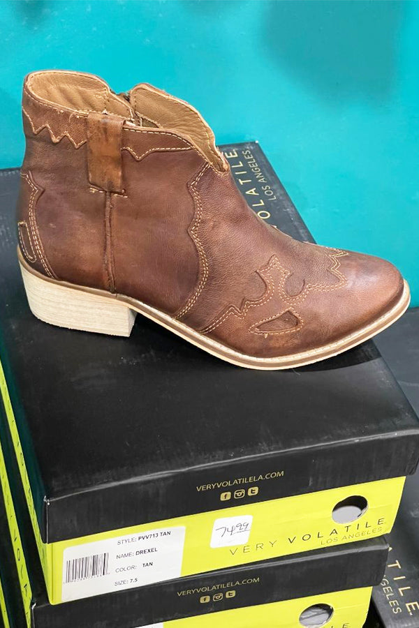 Western-inspired, this gorgeous real leather bootie is all you need to complete your outfit. Beautiful detail and coloring, this Very Volatile Drexel boot is ready for you. Has an inside zipper for ease of pulling on. Grab yours today before they are gone!