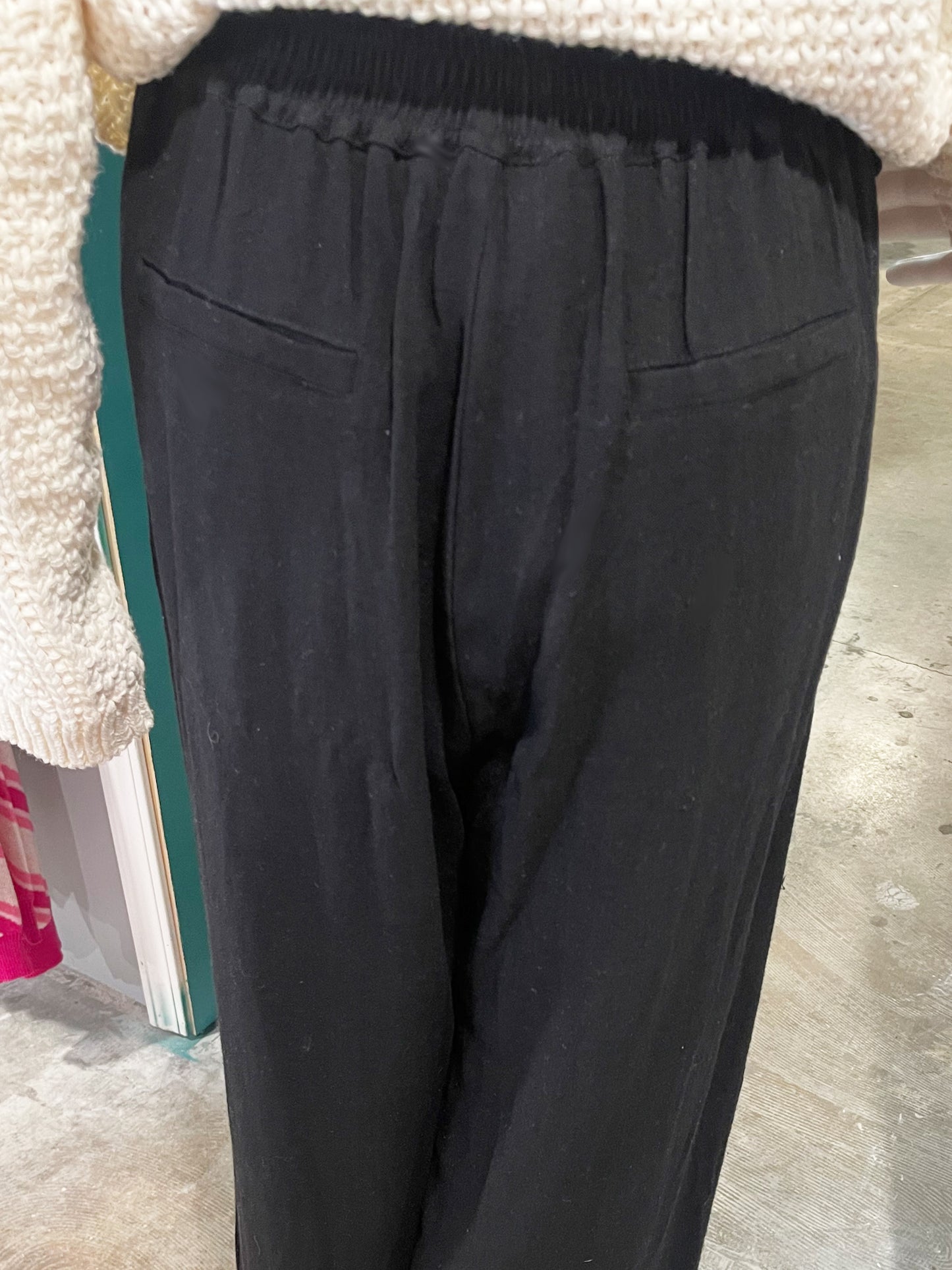 Classic is the new fabulous with these perfect black linen look slacks by Kori. So comfy and soft with an elastic back waisband, and roomy wide legs that hang perfectly for a flattering fit. Front flap pockets, button closure. Dress up or down, these are office perfect to date night chic. 100% Rayon.
