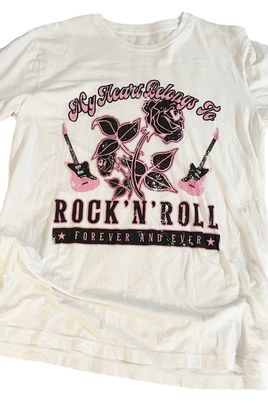 White t-shirt with 'ROCK AND ROLL' text and floral graphics printed on the front.