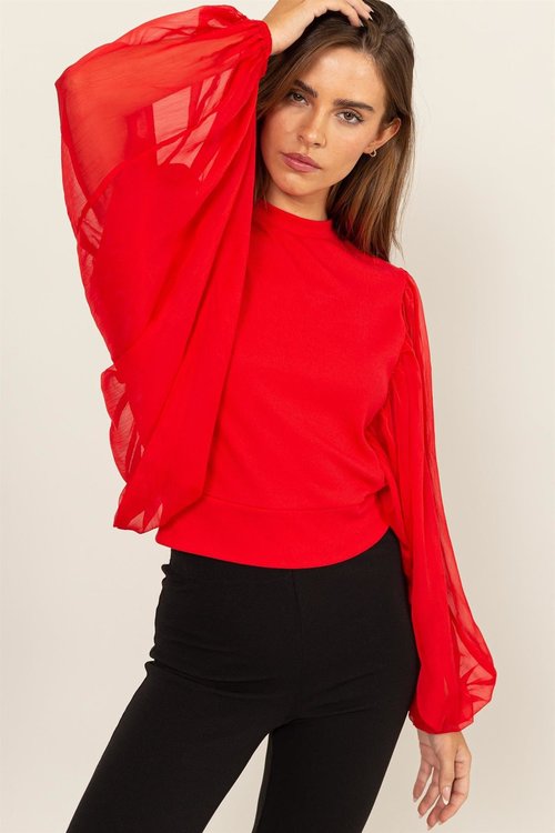 Sheer sleeve Red Blouse Gorgeous!