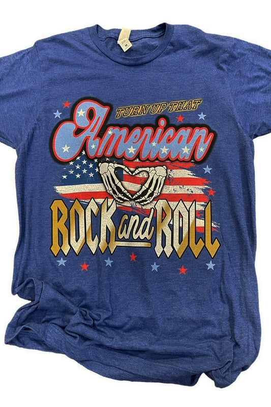 Turn Up That American Rock Tee Very cool rock-inspired tee, unisex relaxed fit, great with jeans, shorts, pretty much anything graphics look great with! Heather royal tee, 50/50 ringspun cotton/poly, it gets softer with each washing.