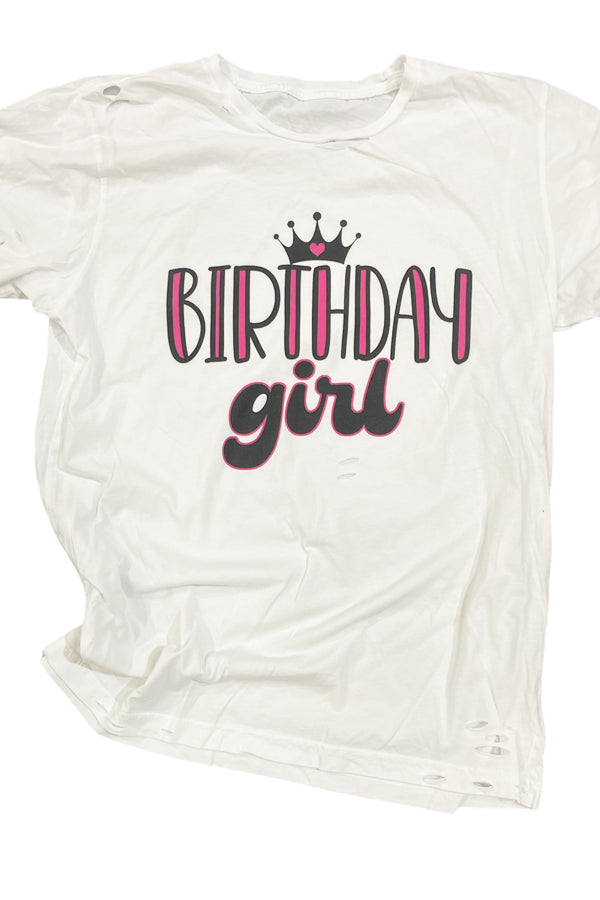 Birthday Girl, shown on the amazing white destroyed tee, with rips and cuts perfectly placed, and these are crazy soft, higher end quality. Unisex relaxed fit. Every girl deserves the perfect shirt for her special day!
