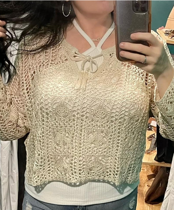 Crochet Boho Style Layering Top Romance-inspired, boho roots, this gorgeous cream crochet top, perfect to layer over your favorite tank or tee. Wear all spring and summer long, shorts, wide leg pants, denim... pretty much anything you pair it with. True to size, by Kori, slight cropped length. Get this one before it sells out!