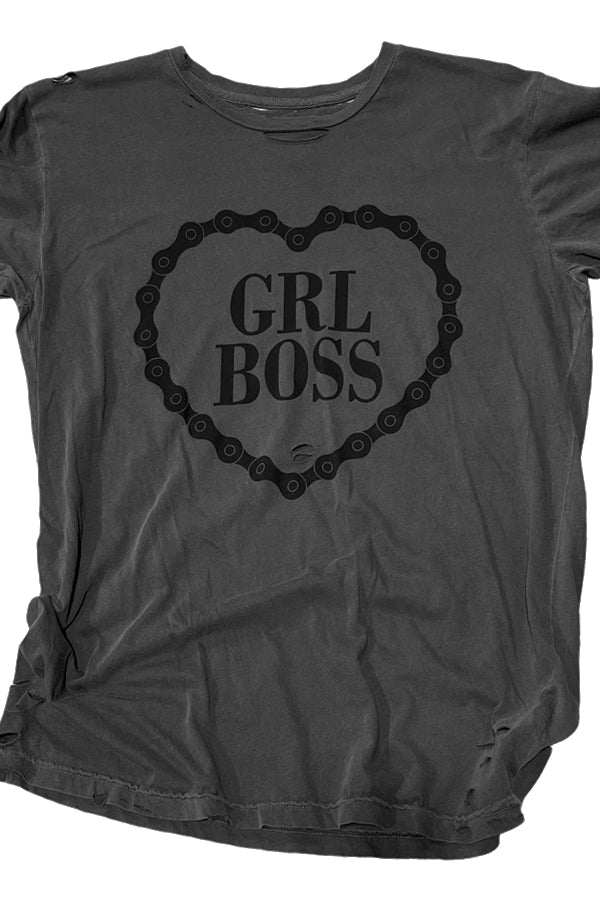 Grl Boss Shown on the fabulous black (dark gray) destroyed tee, with all the rips and cuts in the right places, this cool tee will be one of your faves. 100% ringspun combed cotton soft tee. Unisex relaxed fit, slightly more boxy.