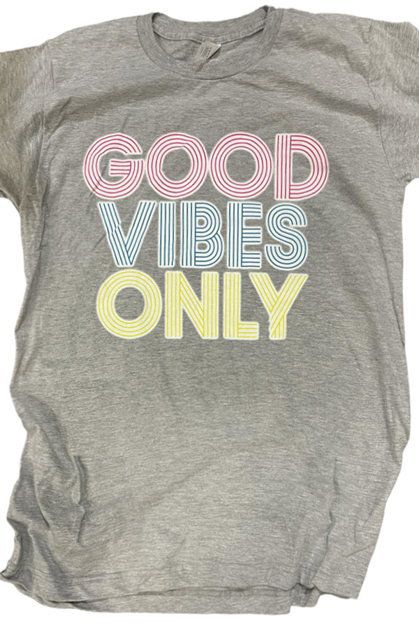 Good Vibes Only  Good Vibes Only, it's all positive energy. Shown on heather gray. Tultex 50/50 ringspun cotton/poly soft tee. Unisex relaxed fit. 