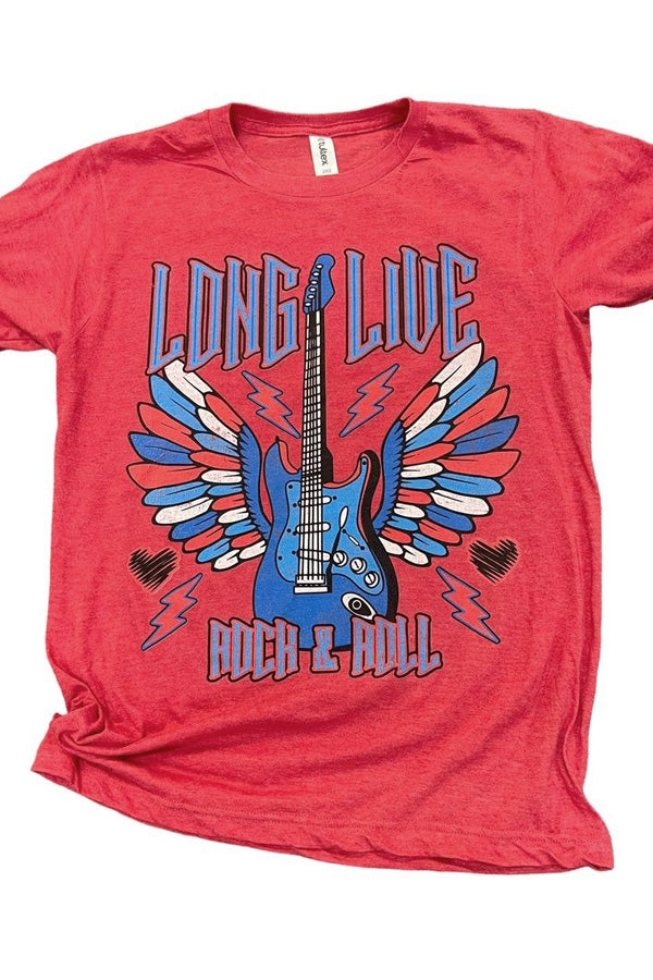 Long Live Rock & Roll Rock out with your... attitude out! We love this very cool rock-inspired tee, unisex relaxed fit, great with jeans, shorts, pretty much anything graphics look great with! Heather red tee, 50/50, it gets softer with each washing.