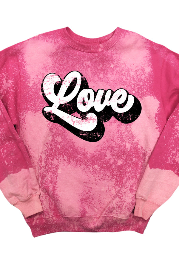 Love Groovy Crewneck This gorgeous crewneck sweatshirt will be your go to year 'round, not just Valentine's Day! Unisex sized, 50/50 quality fleece, we bleach splatter, and wash and dry so it is perfect when you get it. Each shirt we treat has color variations, so yours may differ slightly from the pic, but it will be beautiful!