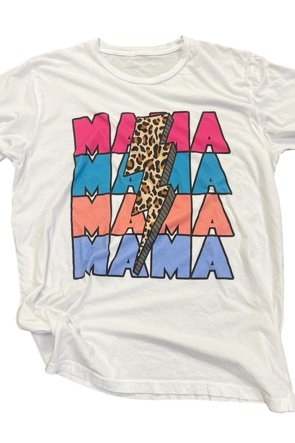 Mama Stack Lightning Tee MAMA in a colorful stack, with a cool leopard lightning bolt, shown on this high-end tee, a more boxy fit, and unbelievably soft. Unisex relaxed fit. Print is dtg soft with no actual texture. Any mom would rock this and LOVE it!