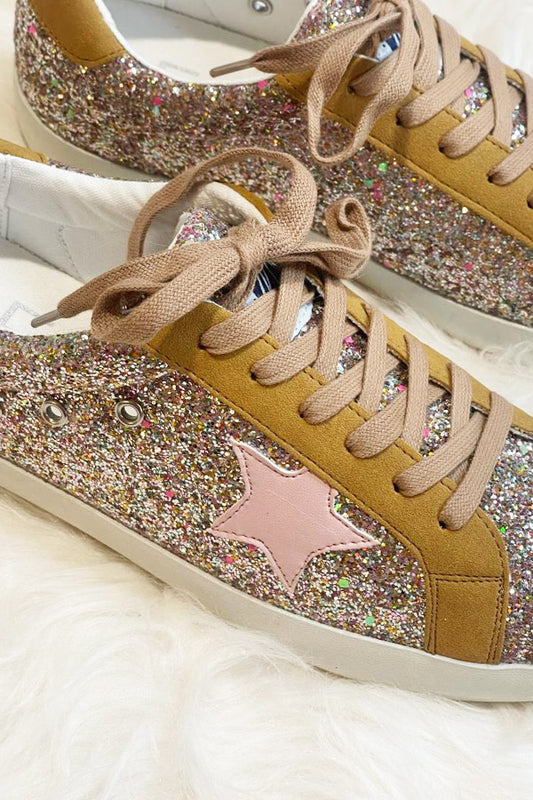 Gorgeous multi-glitter sneaker, From the Beach by Matisse collection, light pink star with camel color accents, these are amazing! 