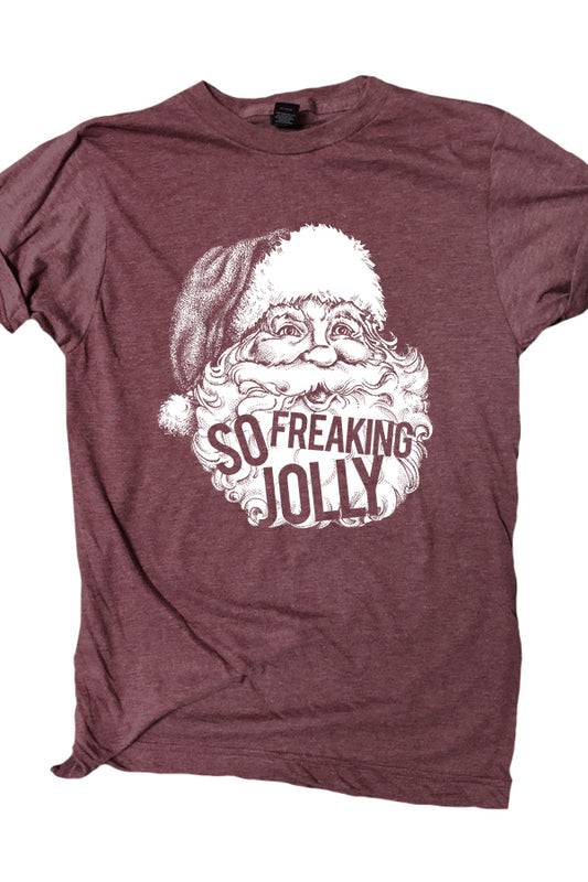 So Freaking Jolly Shown on heather burgundy, this fun tee is perfect as a layering essential for the holidays. Tultex ringspun cotton/poly blend soft tee. Unisex relaxed fit. 