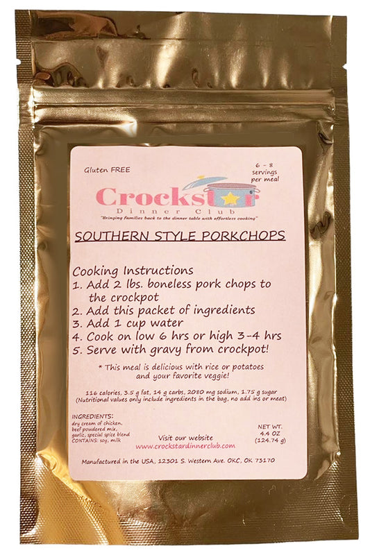 Unbelievably delicious! Follow the easy instructions on the packet. Southern Style Pork Chops Meal Prep Mix Add boneless pork chops. (Prepared meal photo shows additional ingredients).  (PANTRY MEAL) (GF) - 115.83 CALS, 3.5G FAT, 2089.23 SODIUM, 13.98G CARBS, .50G PROTEIN.1.75 SUGAR (CONTAINS: SOY & DAIRY) 